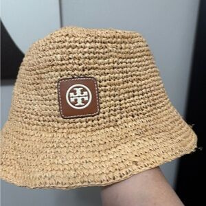 Tory Burch Tan Woven Hat with Logo Patch